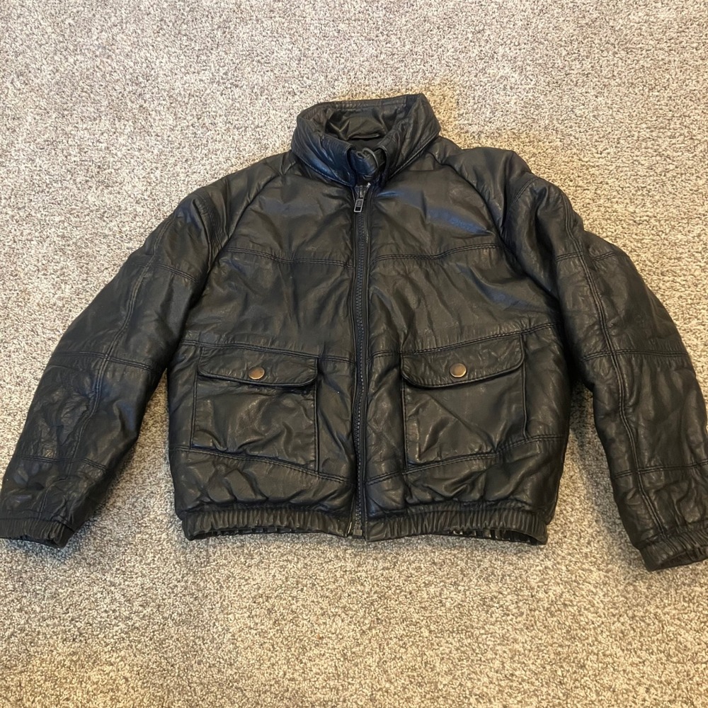 Vintage Saks Fifth Avenue Kids Black Leather Bomber Jacket Zip Up Size 7 Moto